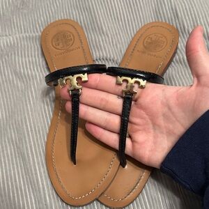 Tory Burch Black and Tan Leather Sandals